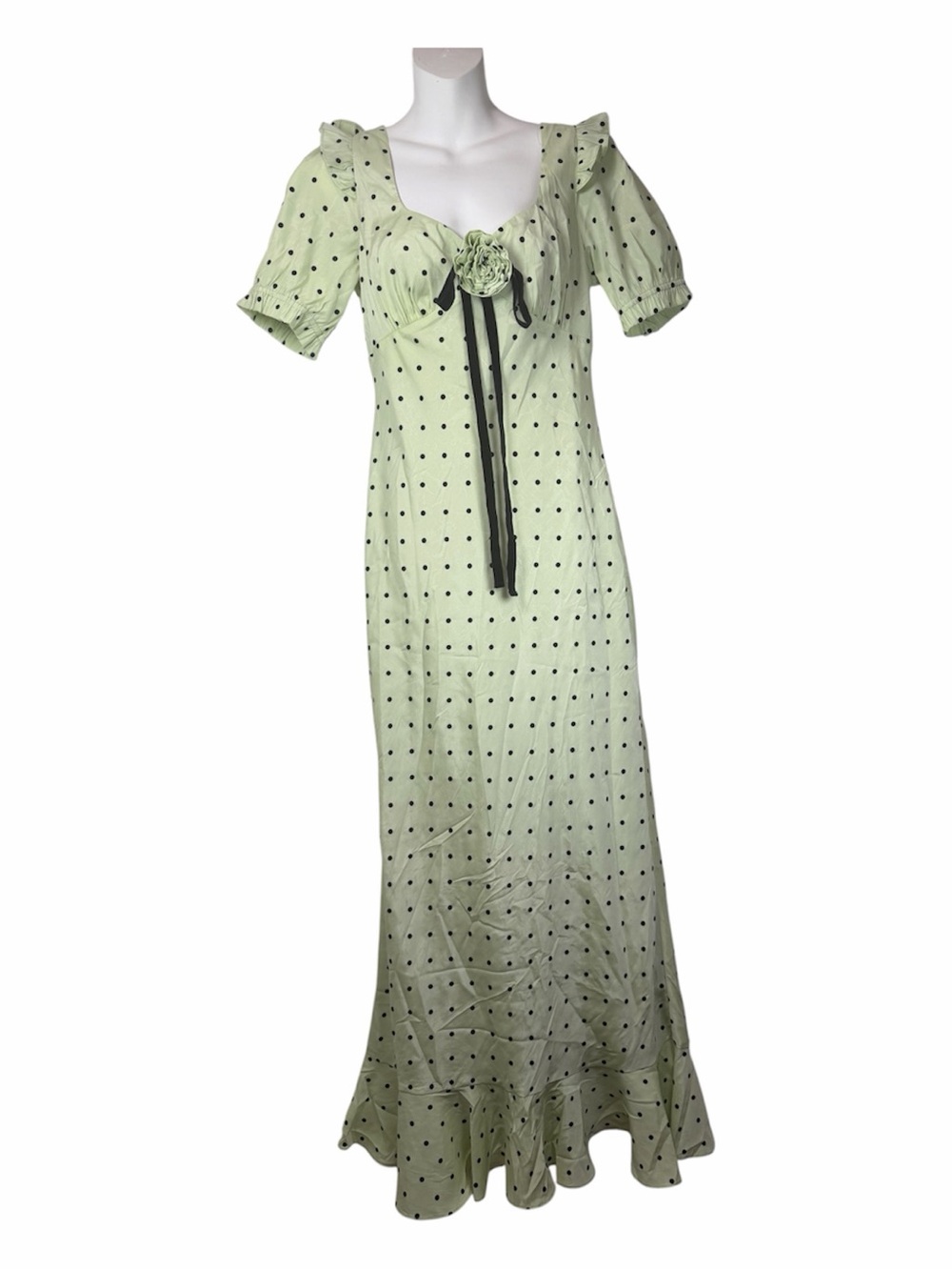 Maude Club Georgina Puff Sleeve Polka Dot Midi Dress S Romantic Coquette Green